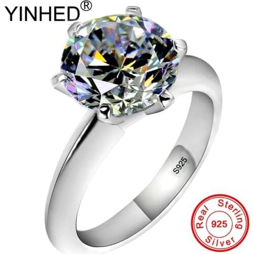 YINHED Classic Wedding Rings for Women Stamped S925 Sterling Silver Ring 2 Carat Round CZ Diamond Fine Jewelry ZR671