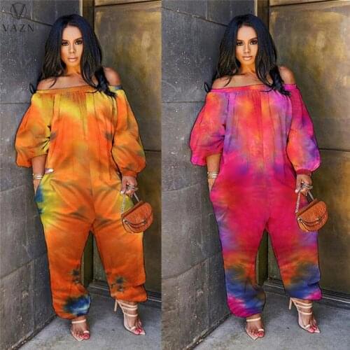 VAZN 2021 Loose Off Shoulder Tie Dye Print Holiday Lady Sexy Sunshine Style Young Sexy Women Pencil Jumpsuits