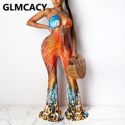 Women Leopard Printed Halter Backless Bodycon Jumpsuits