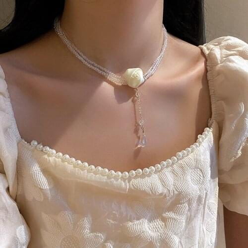 Sweet White Rose Flower Choker Necklaces for Women Crystal Beads Chain Long Necklaces Weddings Jewelry