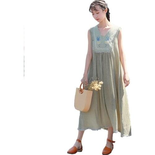 Fashion Cotton Linen Dress Women 2019 Summer Sleeveless Dresses Students Casual Tops Embroidery Loose Long Dresses V-neck H763