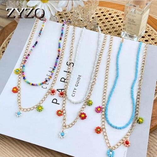 ZYZQ Multilayer Colorful Beads Flowers Pendant Necklaces for Women Bohemian Sweet Necklaces Choker Beaded Party Jewelry