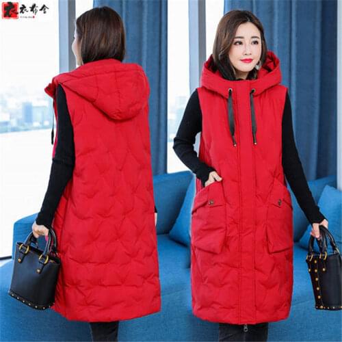 2020 New Autumn Winter Women Long Down Cotton Vest Female Plus Size 5XL Sleeveless Coat Hooded Warm Thick Waistcoat M155