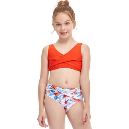 2021 Girls Orange Print Tankini Swimsuits Summer Beachwear Children Girls Bathing Suits Two-pieces Girls Bikini Swimsuits#g30