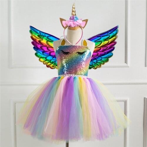 Girls Rainbow Unicorn Costume Candy Princess Dress Halloween Costume For Kids