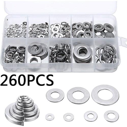 260pcs Washer Spring Pads Set Stainless Steel M2 M2.5 M3 M4 M5 M6 M8 M10 Spring Lock Washer Assortment Kit