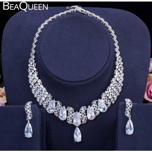 BeaQueen Sparkling Heavy Big Teardrop Cubic Zirconia Wedding Jewelry Sets Crystal Earring and Necklace Statement Jewellery JS264