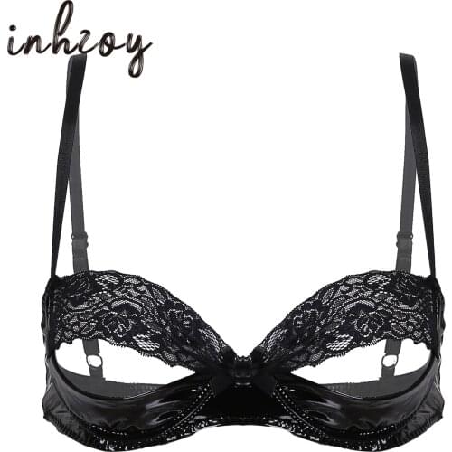Womens Erotic Lingerie Open Cup Bra Lace Splice Patent Leather Unlined Hot Bra Top Lingerie Underwear Sexy Nightwear Sleepwear