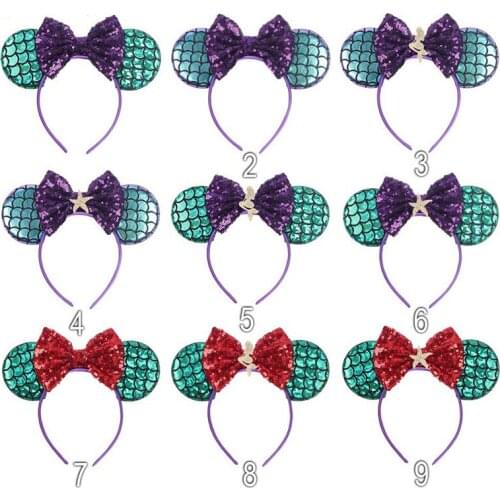 Disney Mermaid Mouse Ears Headband Sequin Hair Bows Hairband DIY Girls Hair Accessories For Kids Trendy Spring Handband