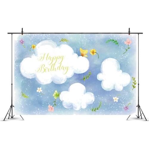 Cartoon White Clouds Happy Birthday Photography Background Photo Booth Studio Decor
