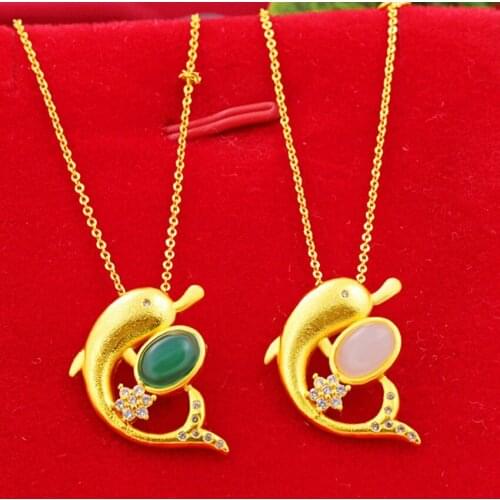 FYJS Unique Light Yellow Gold Color Lovely Dolphin Green and White Agates Pendant Necklace Animal Jewelry