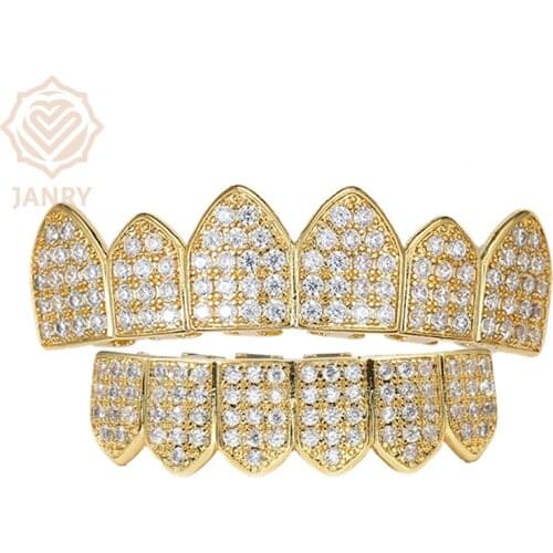 JANRY New Fit Gold Color Plated Hip Hop Grillz High Quality Micro Pave CZ Top & Bottom GRILLZ Mouth Teeth Grills Set For Men
