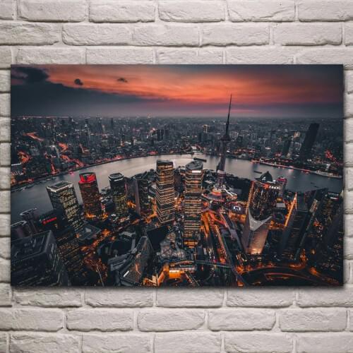 Shanghai cityscape sunset evening city landscape living room decoration home wall art decor wood frame fabric posters KJ953