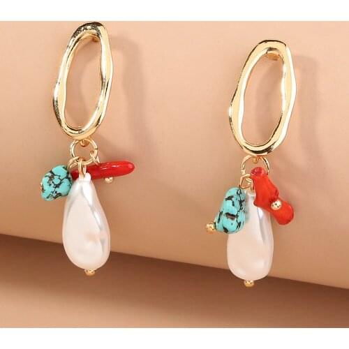 Classic Trendy Jewelry Geometric Hollow Out Alloy Hanging Baroque Pearl Coral Rock Stud Earrings For Women