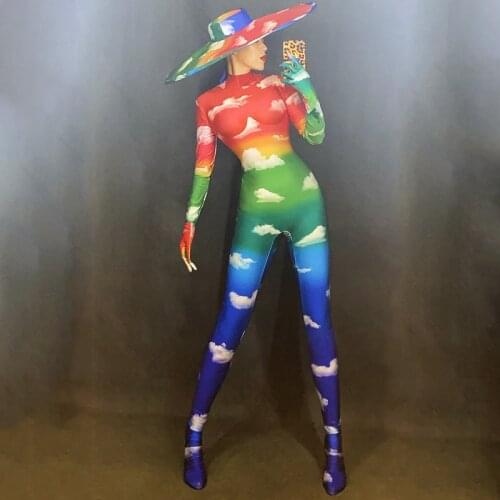 Club Female Singers Jumpsuit Women Party Play Role GoGo Dancers Rainbow Printing Bodysuit Pole Dance Clothing Stage Clothes 1939