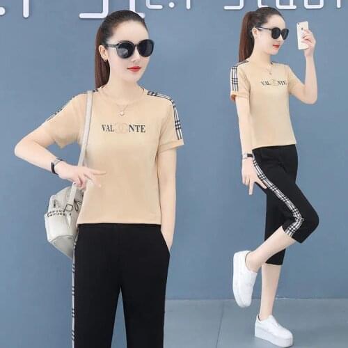 Casual Sports Seven Points Pants Suit Summer New Short Sleeved Loose Large Size Two Piece Set Women White Apricot Blue Clohtes