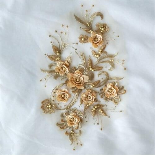 1Pc Ivory/Black Embroidery Beaded Lace Applique Fabric Embroidery Trims Wedding Bridal Applique For Stage Costume Dress 36X21cm