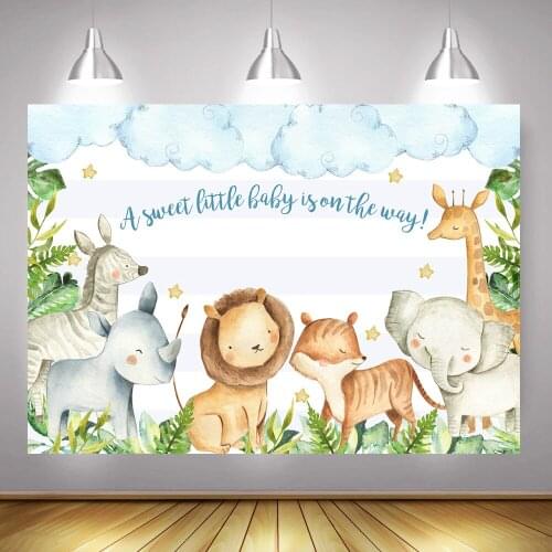 Sweet Little Baby Shower Background Safari Newborn Animals Birthday Party Backdrop Jungle Leaves Woodland Watercolor Cloud