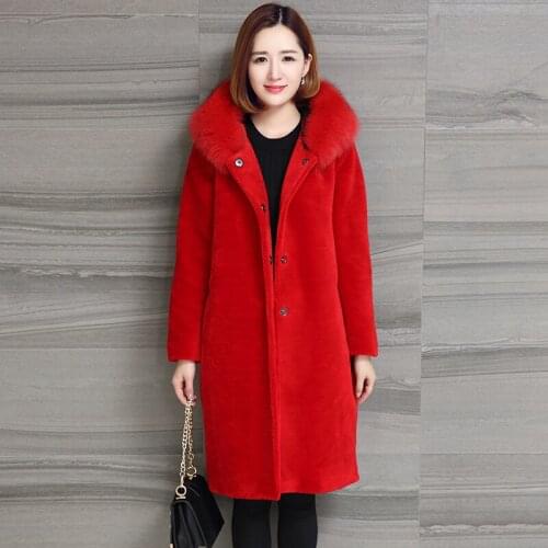 Real Women 2020 Sheep Shearing Fur Coat Fox Fur Collar Hooded Coats Medium-Long Winter Jacket Plus Size S-5XL NY701 s