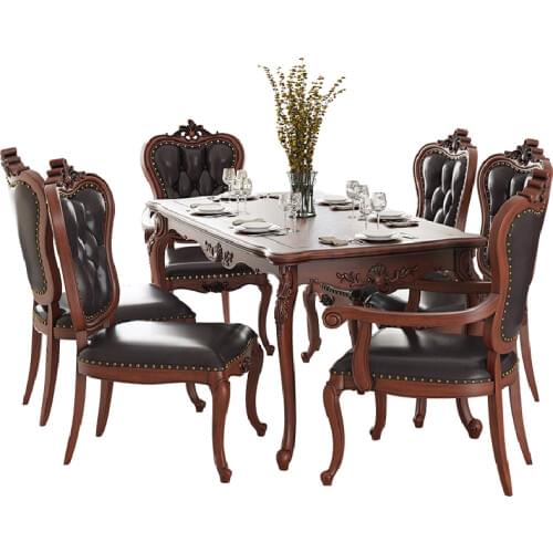 American Solid Wood Leather Dining Table and Chair Combination European Restaurant Rectangular Dining Table for 6 People