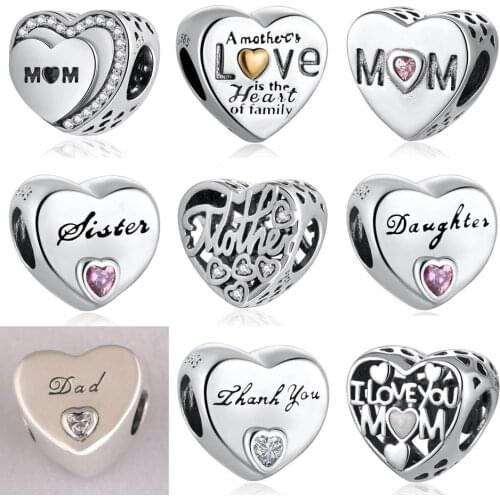 Authentic S925 DIY Jewelry Mom Dad I Love You Sister Daugther Thank You Charms fit Lady Bracelet Bangle