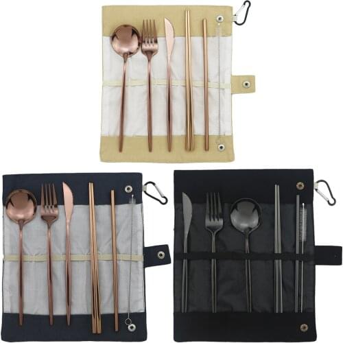Rose Storage Bag Portable Dinnerware Set Stainless Steel Set Knife Fork Spoon Chopsticks Straw Travel Camping BBQ Dinnerware Set