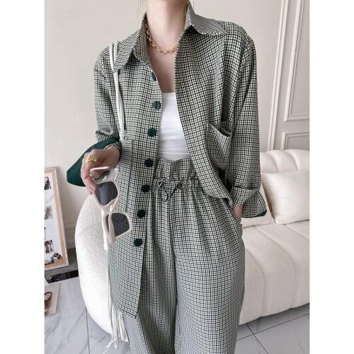 Retro Plaid Casual Suit 2021 Autumn New Shirt Wide Leg Pants Two-Piece Set