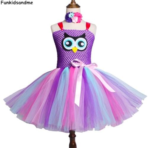 Mulitcolor Owl Tutu Dress with Headband Tulle Girl Birthday Party Dress Fancy Kids Tutu Dresses for Girls Halloween Costume 2-12