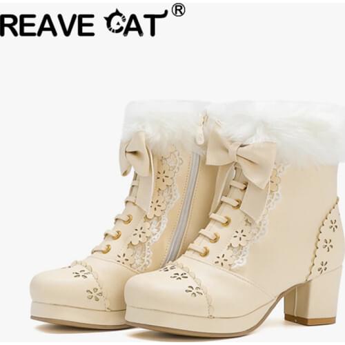 REAVECAT Autumn Winter Mid-Calf boots Round toe Chunky heels PU Zip Flower Lolita Ladylike Big size 33-46 Pink Party Show A3151