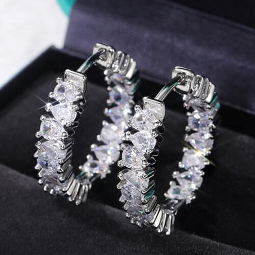 UILZ Female Luxury Crystal Square Wedding Hoop Earrings Silver Color Wedding Jewelry White Zircon Stone Earrings for Women