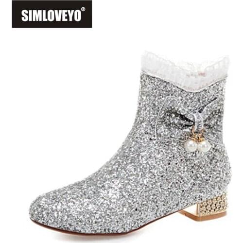 SIMLOVEYO Sweet Princess Ankle Boots Bowtie Pearl Crystal Sequined Cloth Round Toe Shiny Zip 2.5cm Short Heel US12 Pink A4213