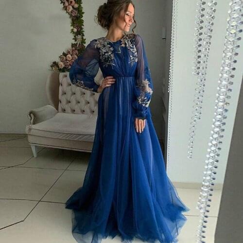 Puff Sleeves Evening Dress Party Gowns Robe De Soiree Formal Prom Dresses Plunging 3D Flowers Beading Top Evening Gowns Vestido