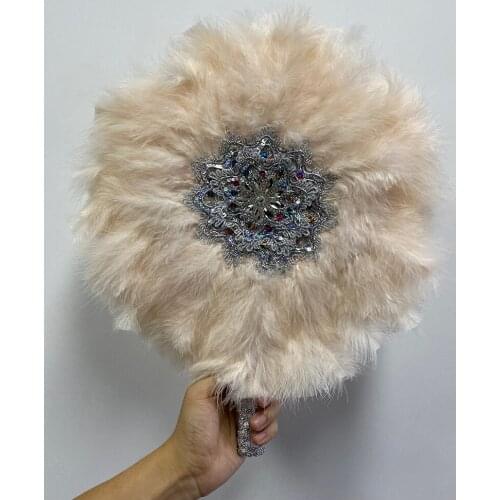 1pcs African Turkey Feather Hand Fan Handmade Fans for Dance Wedding Decoration Hand Fan with Stones Double-Sided Fan