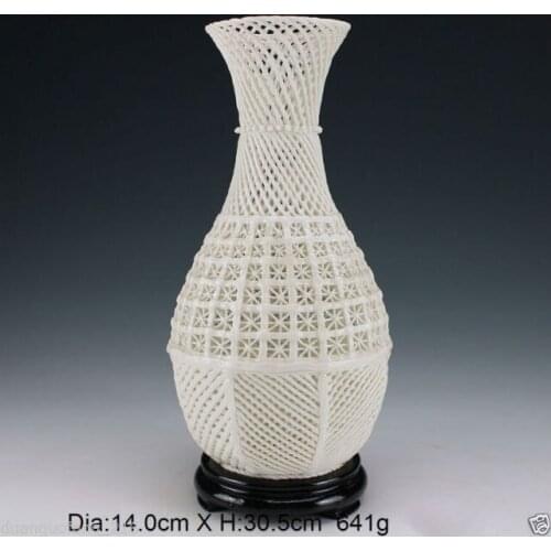 Oriental Vintage Handwork Carved openwork Dehua White Porcelain Vase & Base