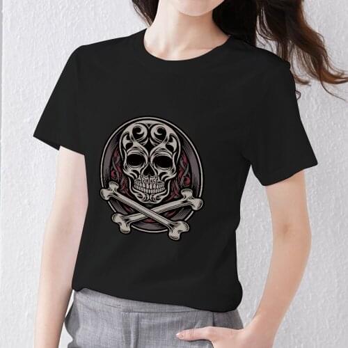 Womens T-shirt New Skull Printed Pattern Series Short Sleeve Tops All-match Classic Black Tee Shirt Dropshipping Women Clothing