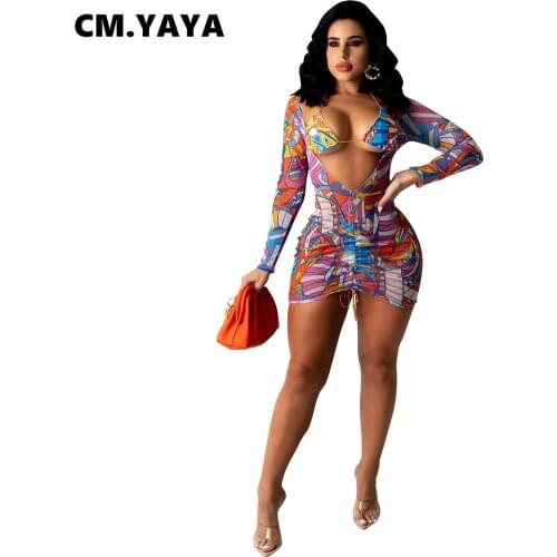 CM.YAYA Women Set Print Mesh See-through Full Sleeve Deep V-neck Shirring Dress Halter Bra Tops 2 Two Piece Sets Outfit Summer
