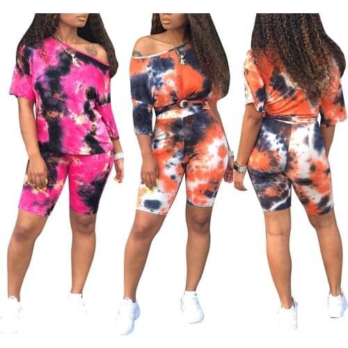 Womens Sports Suit Fashion Tie-dye Printed Off Shoulder Top + Shorts 2-Piece Casual Home Service Set
