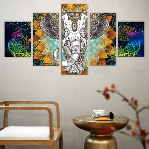 HD Print Art Animal Canvas Pictures 5 Pieces India Elephant And Abstract Color Flower Paintings Modular Frame Bedroom Wall Decor