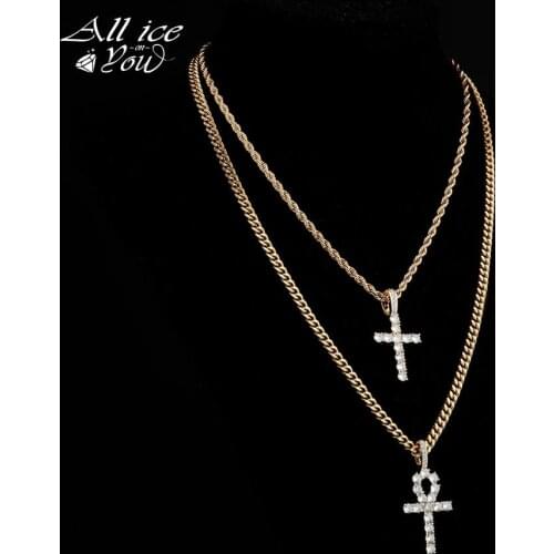 ALLICEONYOU New Iced Out Ankh Hip Hop 925 Sterling Silver Cross Pendant Necklace Jewery Set Cuban Chain Women Gift Female Shiny