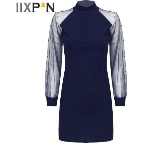 Elegant Women Casual Dress Mesh See Through Long Sleeve Beads Wrap Dress Sexy Womens Club Party Dresses Ball Gowns Vestidos