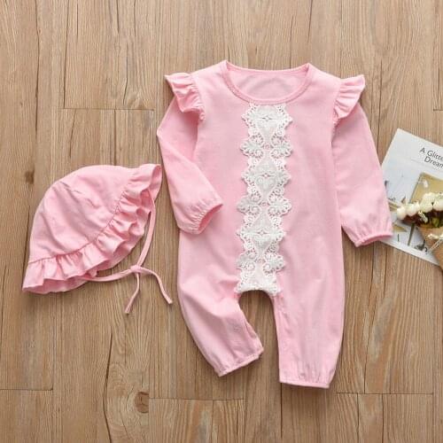 2Pcs Newborn Baby Girls Clothes Set Cute Lace Trim Solid Color Ruffles Long Sleeve Romper+Hat Infant Toddler Clothing