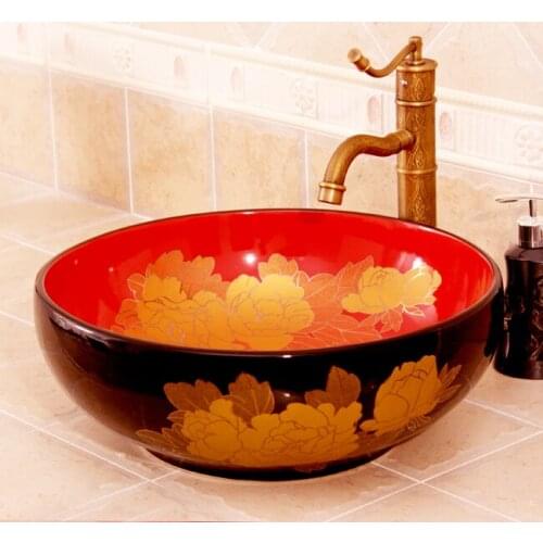 Colorful Peony Europe Vintage Style Ceramic Art Basin Sinks Counter Top Wash Basin Bathroom Vessel Sink vanities round bowl sink