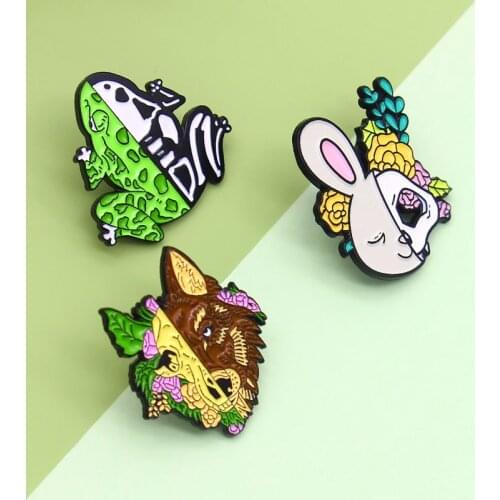 Cute animal Wolf rabbit frog Half withered half prosperous Enamel brooch Double sided dance badge skulls leaf flower Lapel Pins