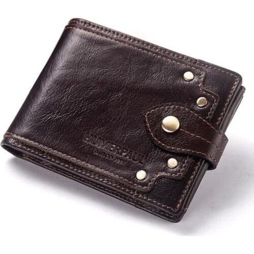 Genuine Leather Mens Wallet with Coin Pocket Vintage Rivets Male Purse ID Card Holder Slim Hasp Money Bag Women Short Wallet
