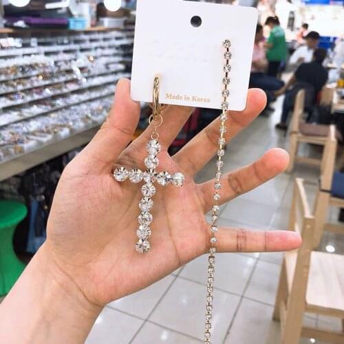 MWsonya New Korean Luxury Asymmetric Long Tassel Crystal Pendant Earring Elegant for Women Cross Earring Brincos Jewelry