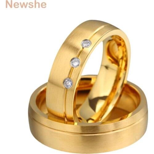 Newshe Stainless Steel Golden Color Plated His And Hers Promise Ring For Lovers Wedding Bands Classic Jewelry Valentines Gift