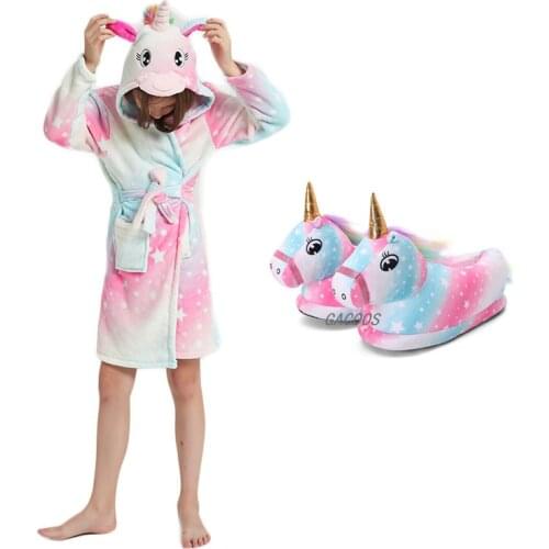 Kigurumi Children Bathrobe Baby Bath Robe Animal Robes Unicorn Hooded Bathrobes For Boys Girls Pyjamas Nightgown Homewear Shoes