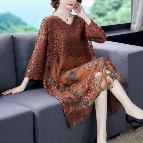 Fall Spring Womens Clothing , Elegant Woman Loose Embroidery 4xl 5xl Dress , 2020 Autumn Dresses for Women