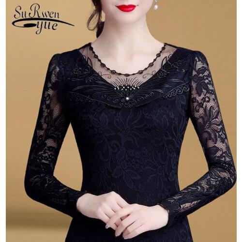 Sexy Hollow Lace Blouse Shirt Female Blusas Mujer De Moda 2019 Slim Spring Autumn Long Sleeve Tops Female Shirt 6905 50