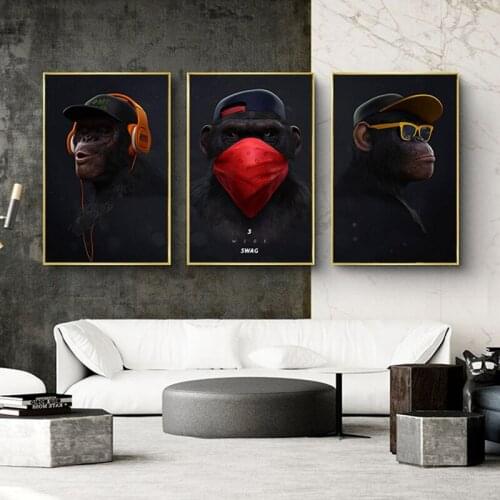 Nordic Modern Animals Glasses Headphone Music Monkey Posters And Prints Wall Art Pictures Canvas Painting Poster Home Decoration